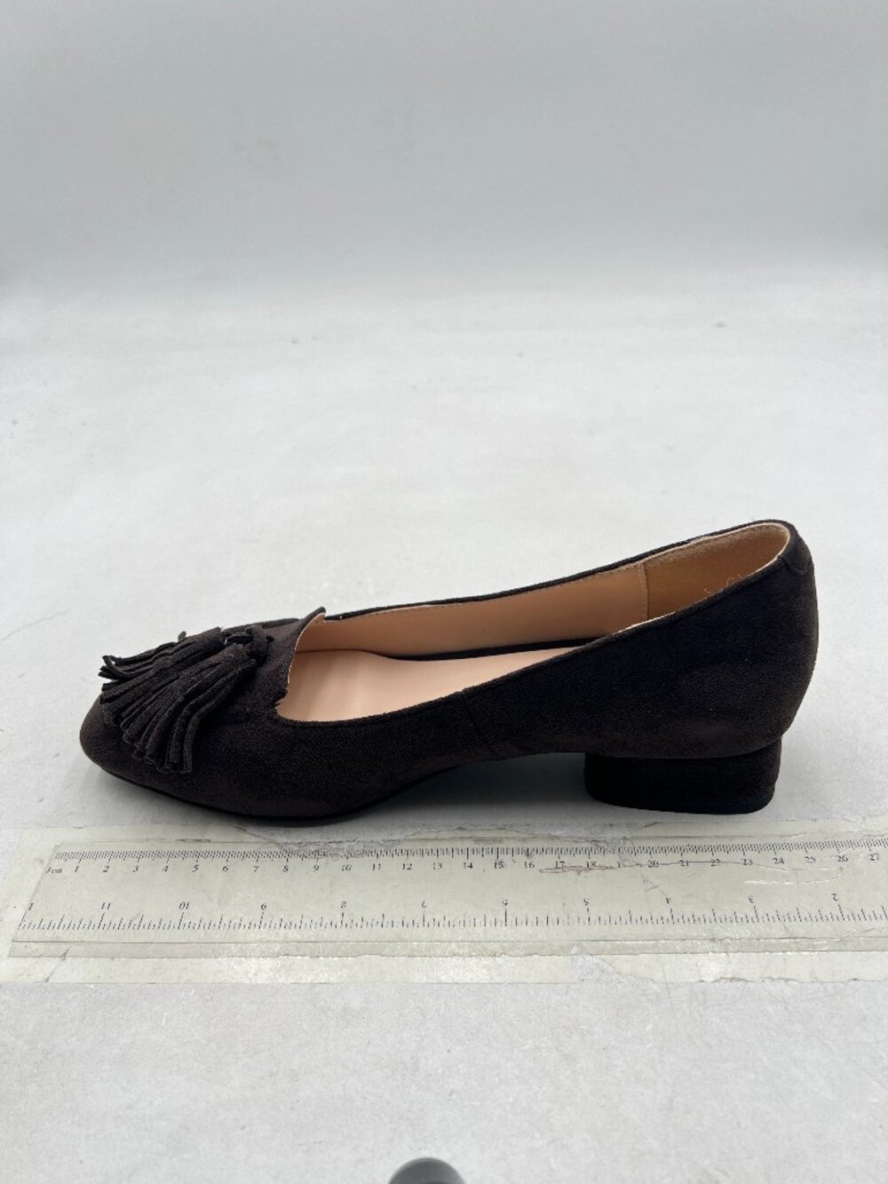 YDN Grey Block Low Heel Loafer Square Toe Tassel Fringe Pump Slip On Dress Shoes
